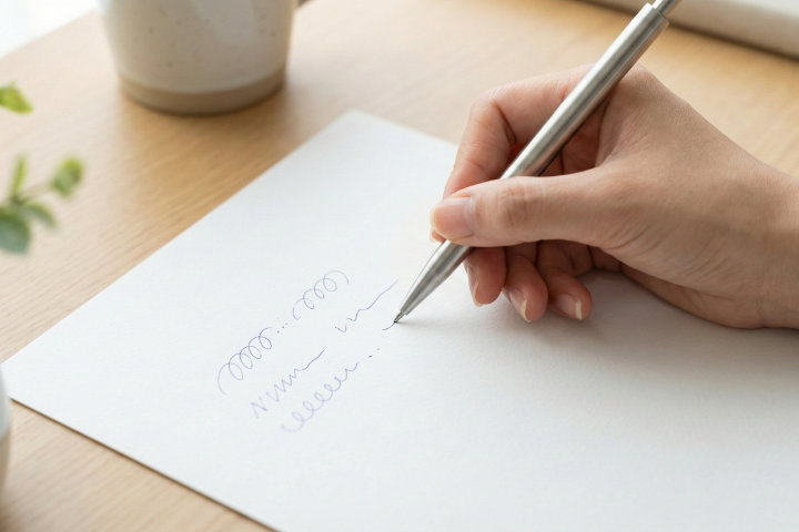 白い紙にボールペンでグルグルと試し書きをしている日本人の手元のアップ