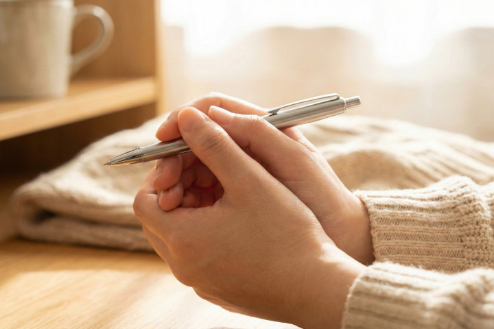 両手でボールペンを包み込んで温めている日本人の手元のアップ