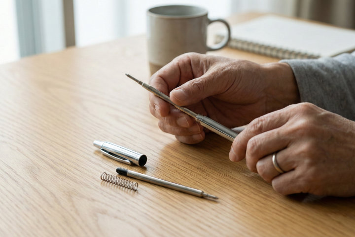 ボールペンのリフィル（替え芯）を交換しているメンテナンス風景