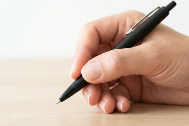 ボールペンの正しい持ち方（3点支持）を示した指先のクローズアップ写真