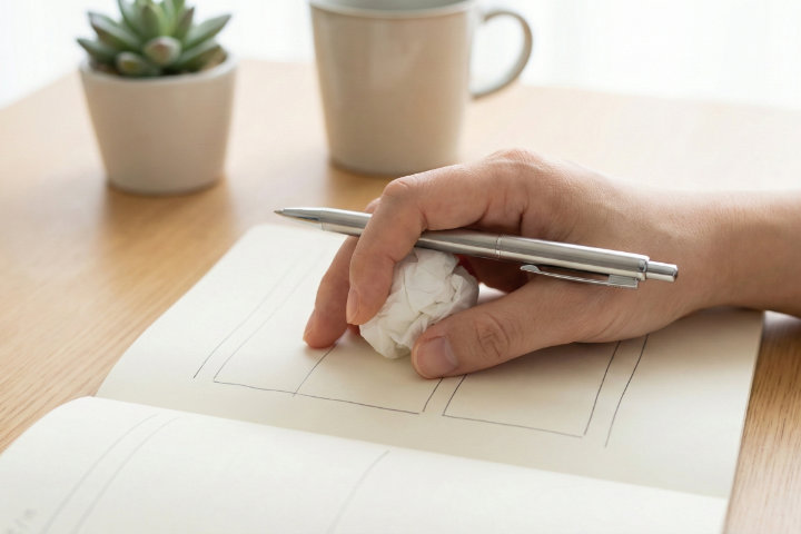 矯正トレーニングとして、手の中に小さく丸めたティッシュを握りながらペンを持っている様子