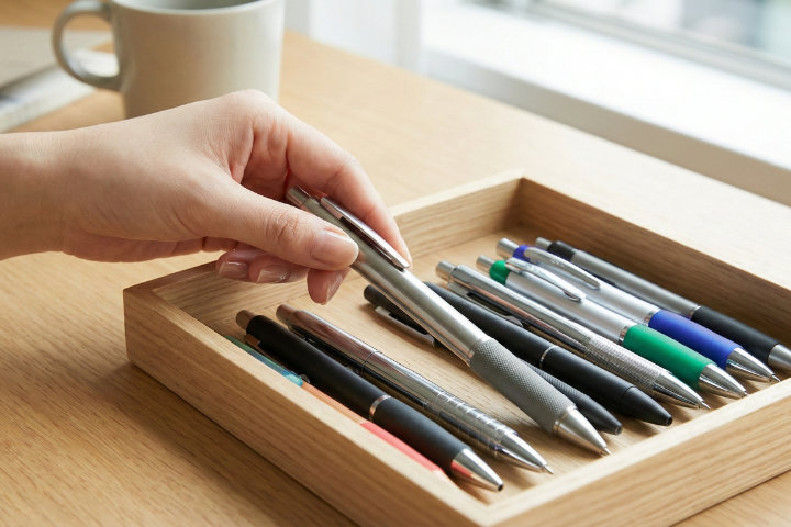 デスク上に並べられた太さや素材の違う数種類のボールペンを選んでいる手