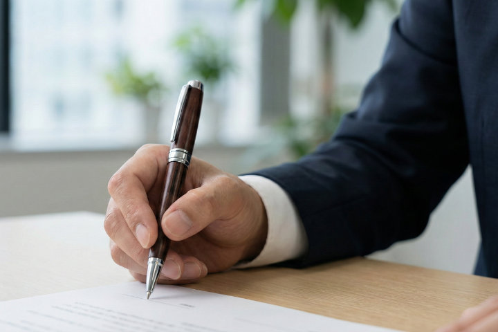 スーツを着たビジネスパーソンが契約書にサインをしている洗練された手元