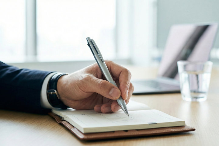 手帳にスケジュールを書き込んでいるビジネスマンの手元。多機能ペンを使っている様子