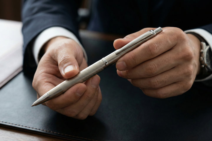 回転式（ツイスト式）のボールペンを両手で優雅に操作して芯を出している手元のアップ