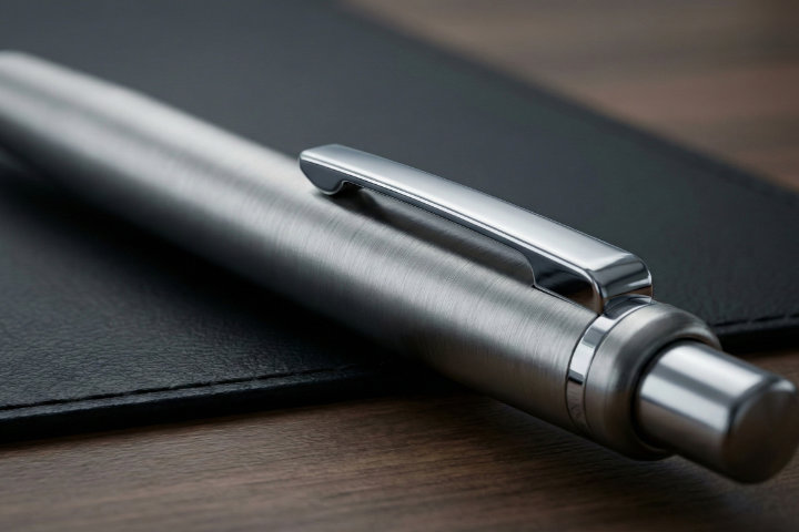 金属ボディの質感が伝わるボールペンのマクロ撮影。クリップや軸の加工の美しさ