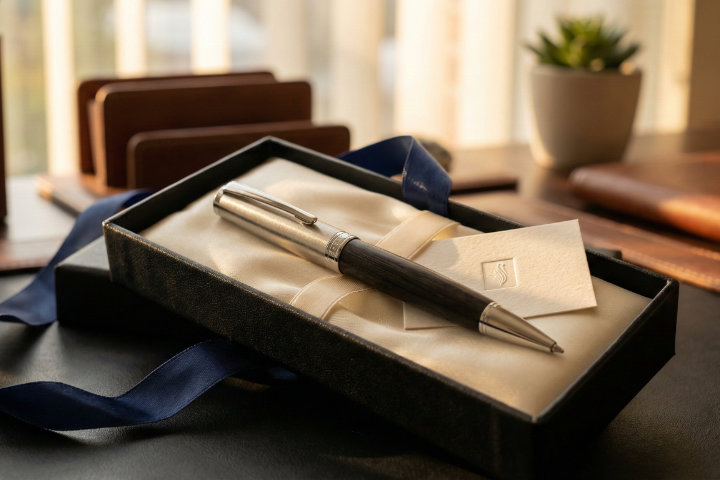 ギフトボックスに入った高級ボールペン。贈り物としての特別感を演出