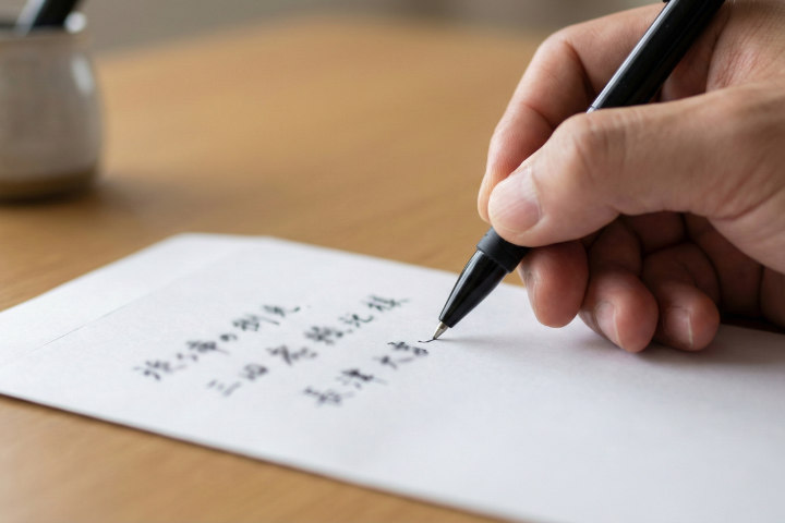 封筒に宛名を力強く書く1.0mmの太字ボールペンのシーン