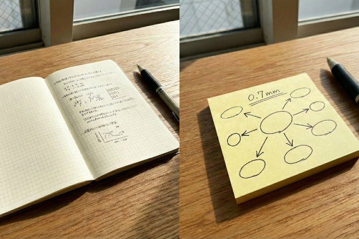 左右分割構図で、左に「細かいメモ（細字）」、右に「走り書きのアイデア（太字）」を対比