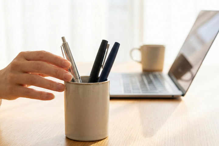 ペンスタンドから自分に合う一本を選ぼうとしている手元、選択の瞬間