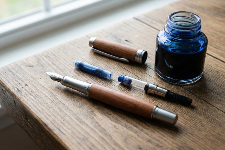 デスク上に並べられた万年筆のパーツ（カートリッジ、コンバーター、美しいインク瓶）