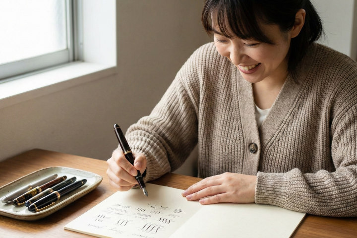 文具店または書斎で、自分に合う一本を吟味するために試し書きをしている日本人の様子