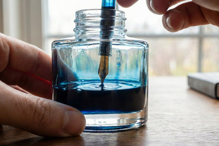 ガラス瓶からコンバーターを使ってインクを吸入している瞬間の、静謐で美しいシーン