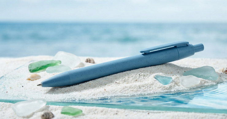 海洋プラスチックを原料とした青いボールペンと、海のイメージ背景