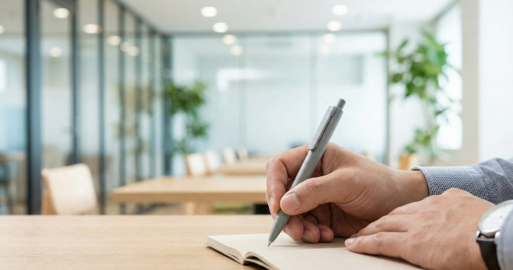 オフィスの会議室で、SDGsボールペンを使ってメモを取る日本人ビジネスパーソン