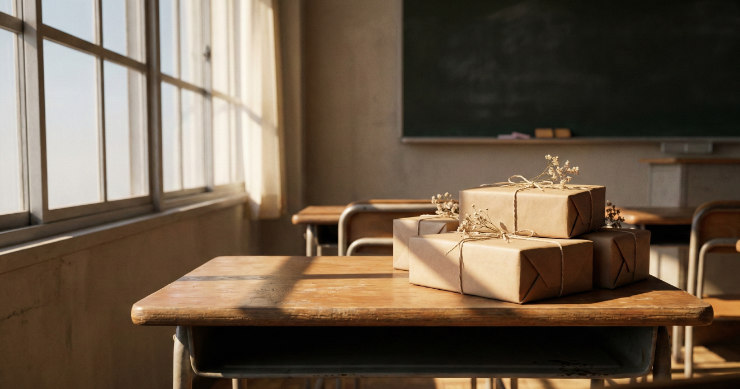 教室の机に積まれた、綺麗にラッピングされた卒業記念品の箱