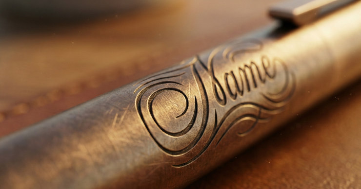 ボールペンのボディに施された名入れ彫刻（詳細）のクローズアップ