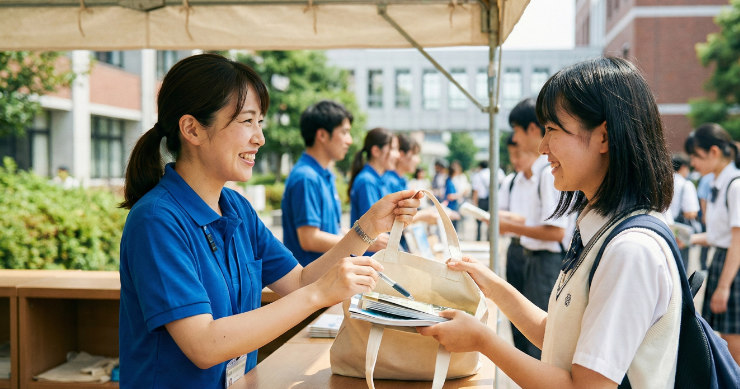 大学の受付テントで、スタッフが高校生に資料とペンを渡している歓迎のシーン