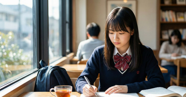 カフェや自習室で、ノベルティのペンを使って熱心に勉強する日本の女子高生