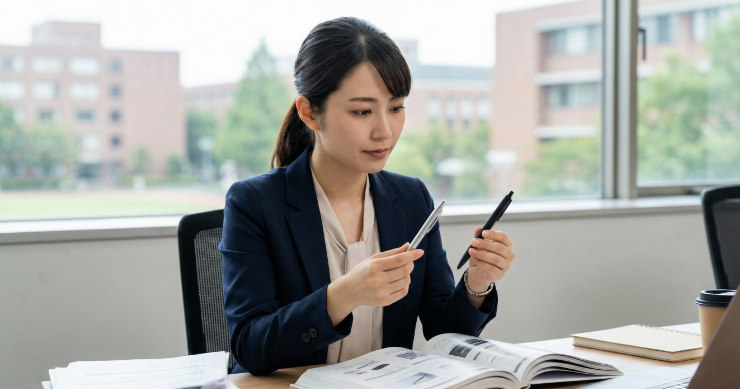 オフィスのデスクで、複数のペンのサンプルを比較検討している広報担当者
