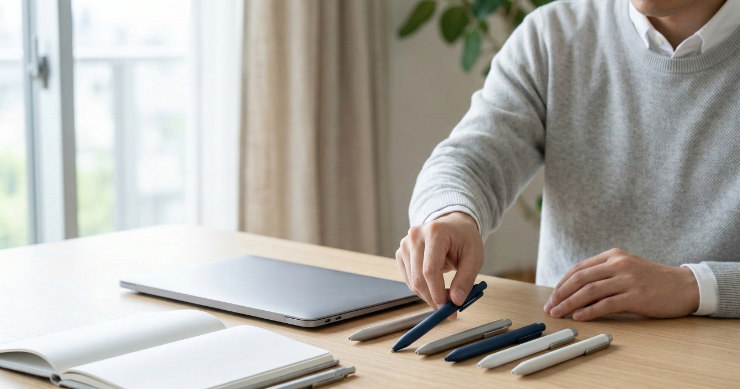 企業名入りノベルティボールペンのクローズアップ