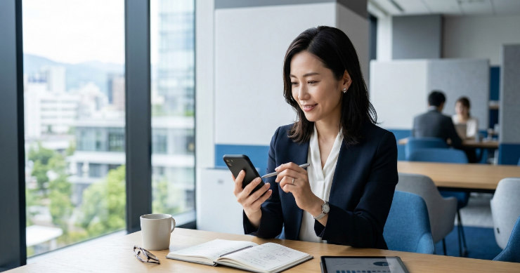 スマートフォンをタッチペンで操作するビジネスパーソン