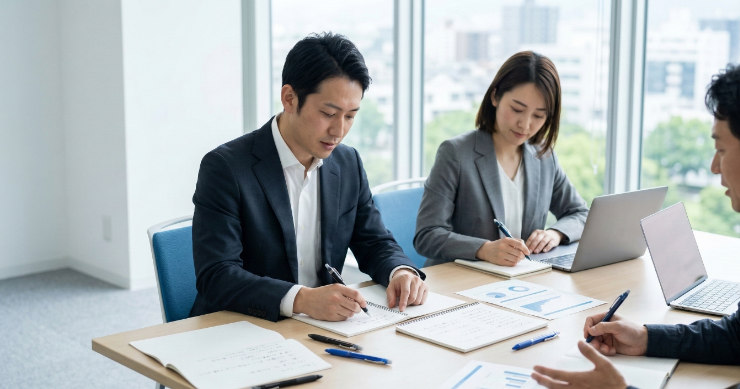 会議メモを書き直すビジネスパーソン