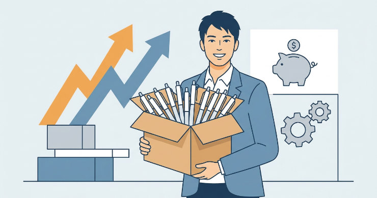 大量のボールペンが入った箱を持ち、コスト削減を示す矢印を背景に笑顔の日本人男性のイラスト