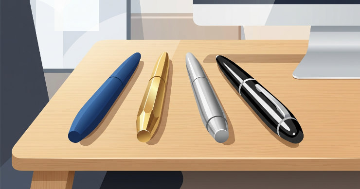 アルミ、真鍮、ステンレス、樹脂の異なる素材のペンのイラスト