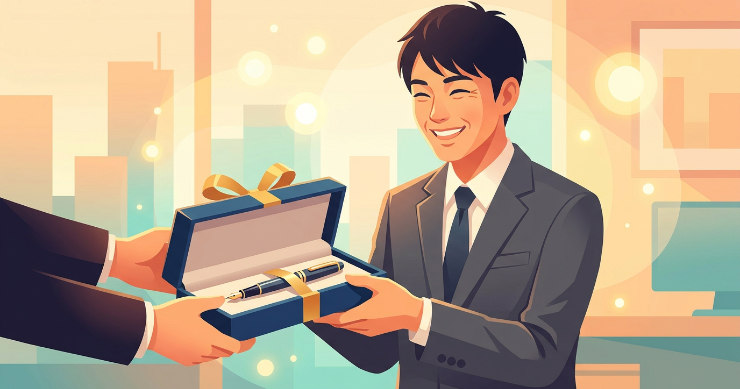 就職祝いとして高級なペンをプレゼントされる日本人男性のイラスト