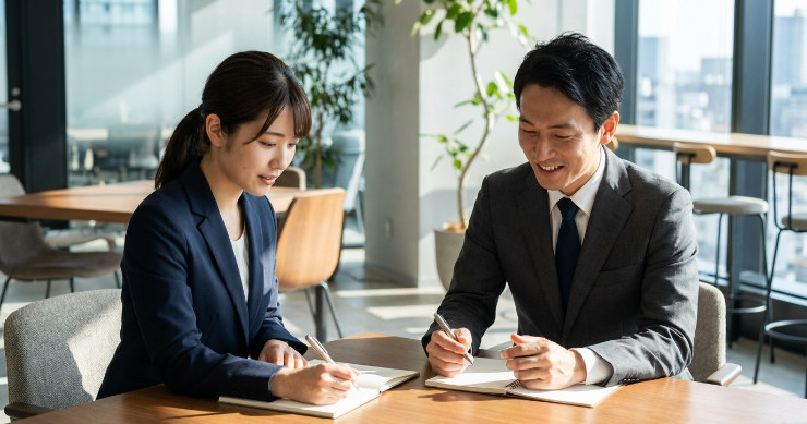 会議室でペンを使ってメモを取る日本のビジネスパーソン