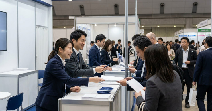 展示会で単色ペンを配布する販促品シーン
