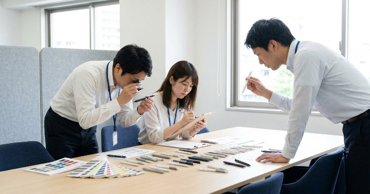 印刷色や視認性を確認する販促担当者の様子