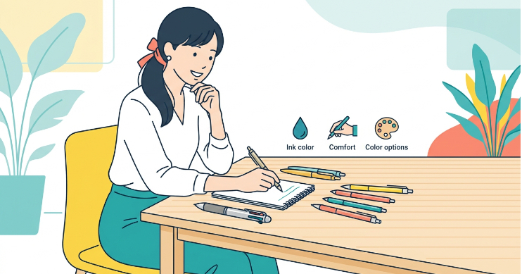様々な種類のペンを比較して選ぶ新婦のイラスト