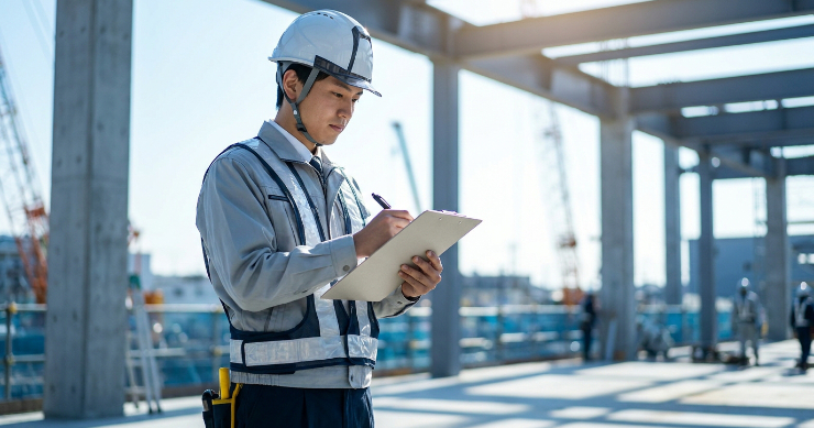 建設現場でバインダーにペンでメモを取る作業着姿の日本人男性