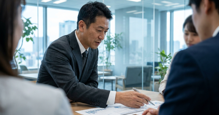 オフィスの商談で高級感のあるペンを使うスーツ姿の日本人男性