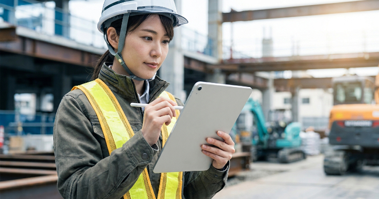 建設現場でタブレット端末とタッチペンを操作する作業着姿の日本人女性