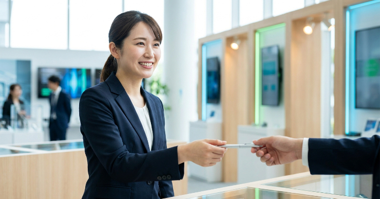 展示会ブースで来場者にノベルティのペンを手渡すスーツ姿の日本人女性