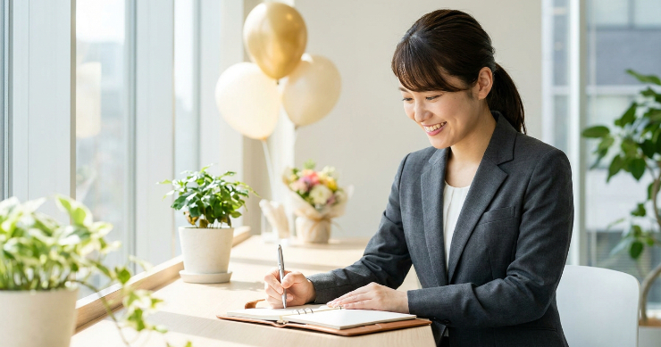 オフィスのデスクでボールペンを使って仕事をするスーツ姿の日本人女性